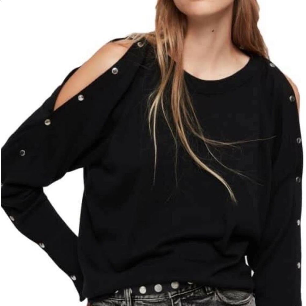 All Saints black sweater with metallic snaps, size-XS